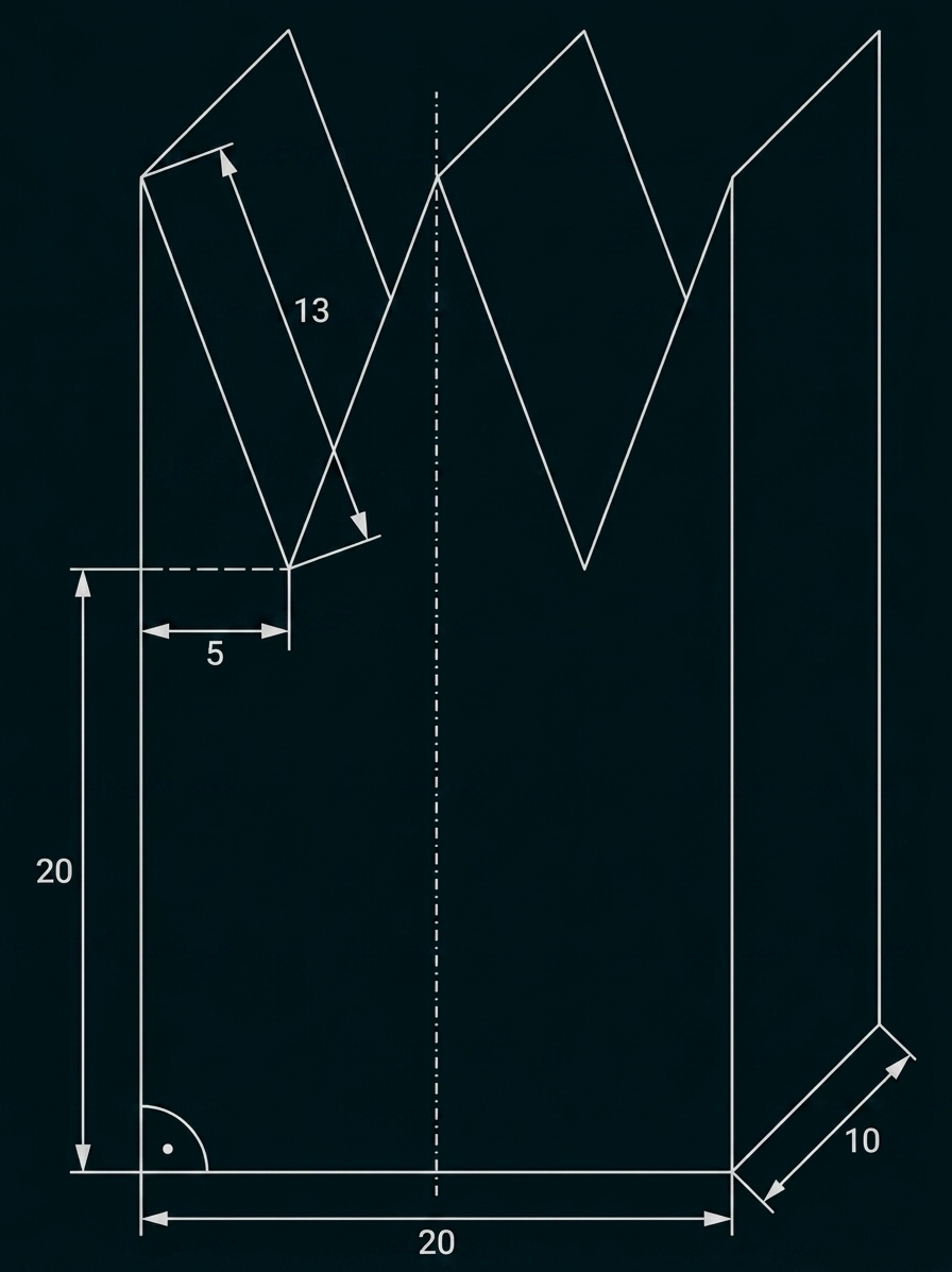 Technische Skizze mit Maßen und Zickzack-Linie eines geometrischen Körpers.